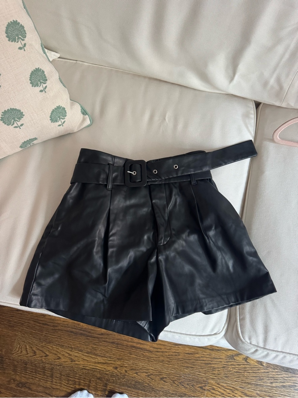 Zara Black Faux Leather Paperbag Waist Mini Shorts with Belt